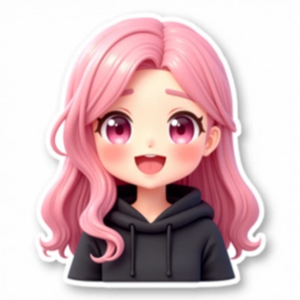 A cute anime girl sticker pink long hair wearing a black hoodie pink round eyes 