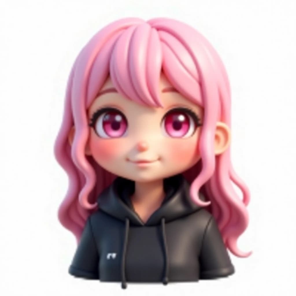 A cute anime girl sticker pink long hair wearing a black hoodie pink round eyes 