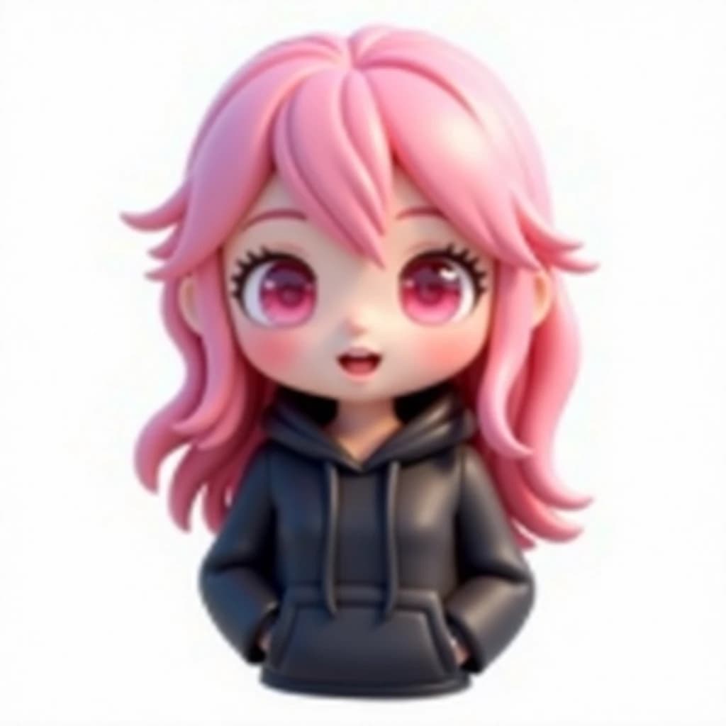 A cute anime girl sticker pink long hair wearing a black hoodie pink round eyes 